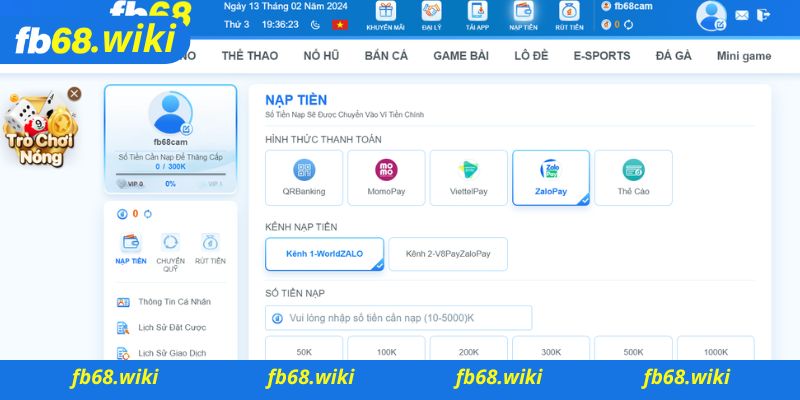 Hướng dẫn chi tiết cách nạp tiền Fb68