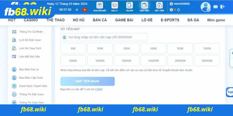 Một số vấn đề khi nạp tiền tại Fb68